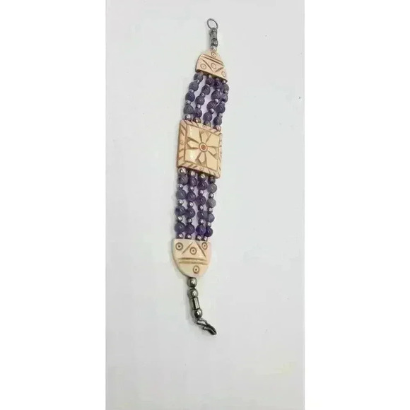 Amethyst & Sterling Silver Bead Bracelet With Resin Accents Multi Strand Vintage - Picture 2 of 10